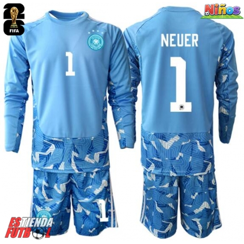 Alemania Manuel Neuer #1 Portero Segunda Equipación Niños Mundial 2026 Manga Larga (+ Pantalones cortos)